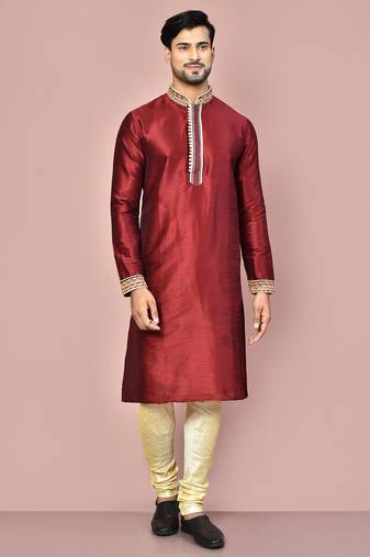 Mahroon dupion art silk kurta with computerised embroidery machine work churidar