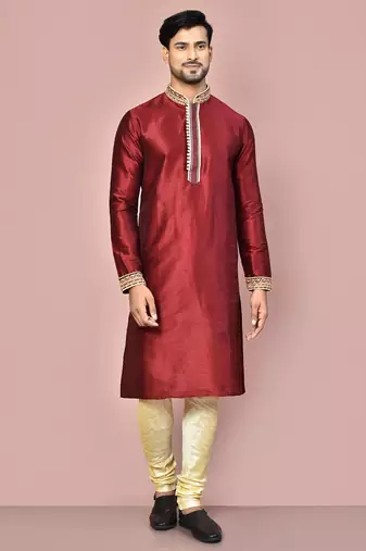 Mahroon dupion art silk kurta with computerised embroidery machine work churidar