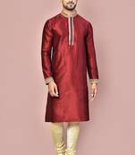 Mahroon dupion art silk kurta with computerised embroidery machine work churidar