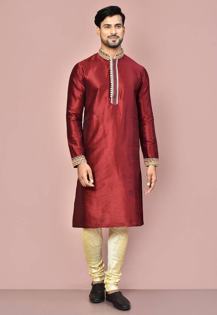 Mahroon dupion art silk kurta with computerised embroidery machine work churidar