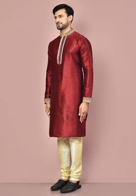 Mahroon dupion art silk kurta with computerised embroidery machine work churidar 2