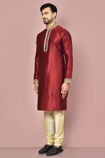 Mahroon dupion art silk kurta with computerised embroidery machine work churidar