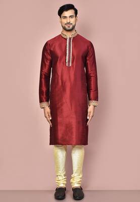 Mahroon dupion art silk kurta with computerised embroidery machine work churidar 3