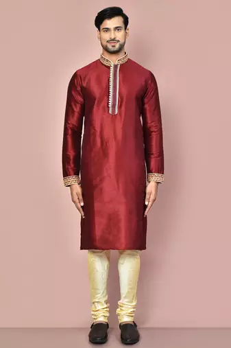 Mahroon dupion art silk kurta with computerised embroidery machine work churidar