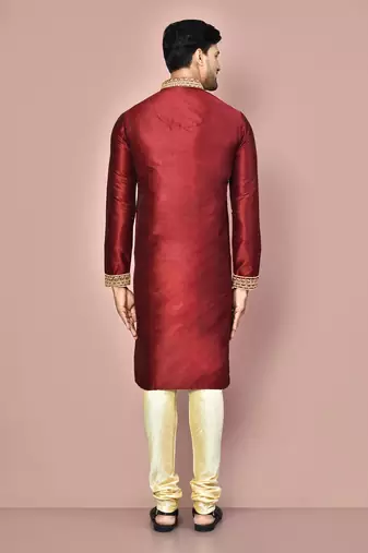 Mahroon dupion art silk kurta with computerised embroidery machine work churidar