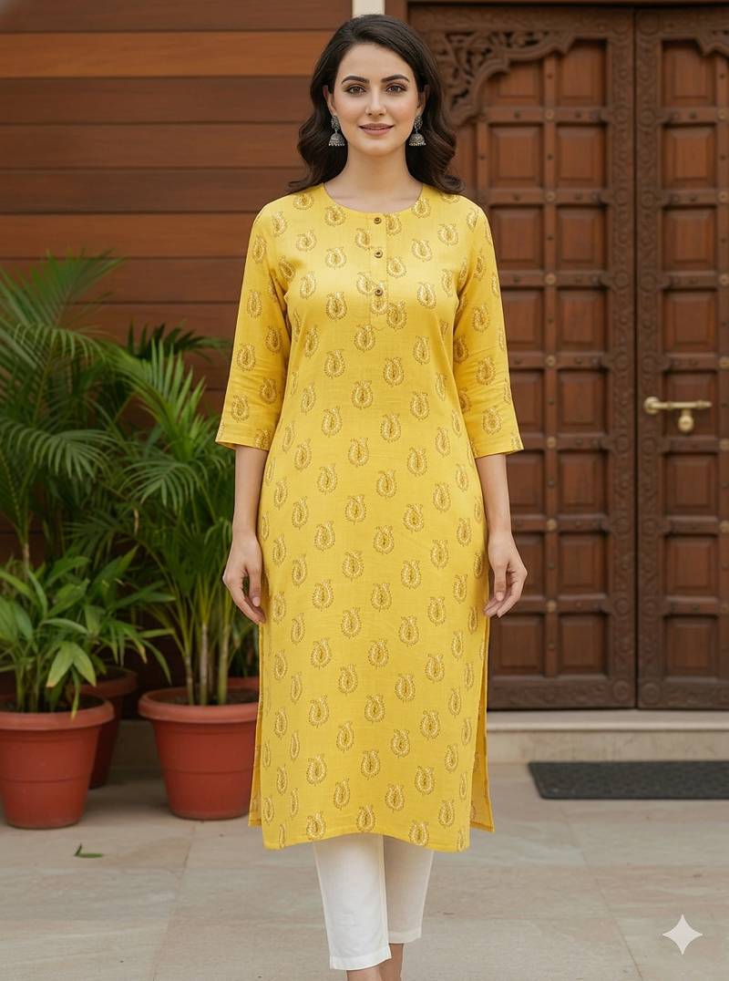 Yellow printed cotton kurti