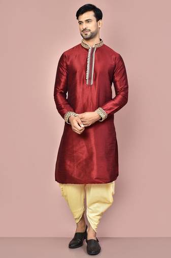 Mahroon dupion art silk kurta with computerised embroidery machine work churidar