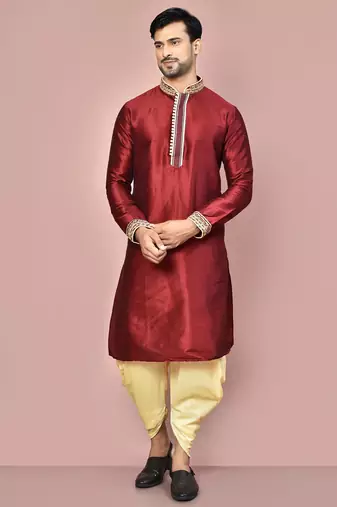 Mahroon dupion art silk kurta with computerised embroidery machine work churidar