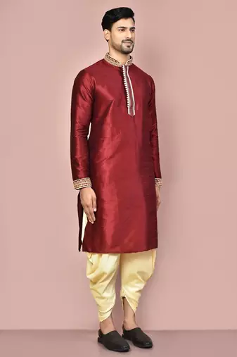 Mahroon dupion art silk kurta with computerised embroidery machine work churidar