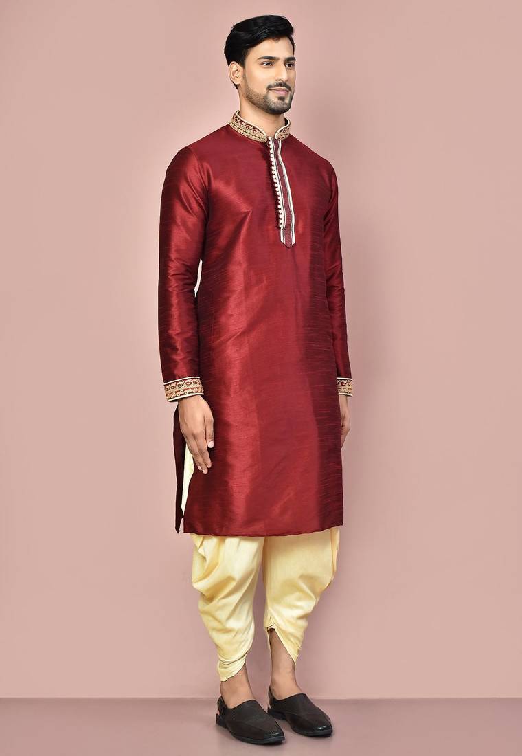 Mahroon dupion art silk kurta with computerised embroidery machine work churidar