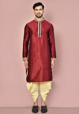 Mahroon dupion art silk kurta with computerised embroidery machine work churidar 3