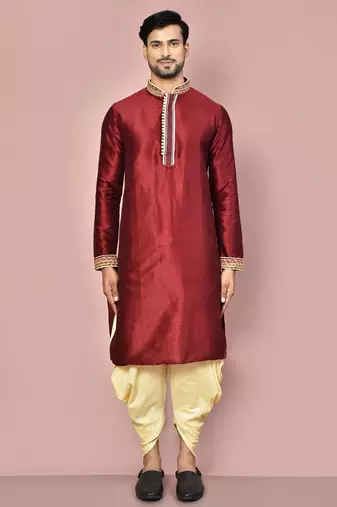 Mahroon dupion art silk kurta with computerised embroidery machine work churidar