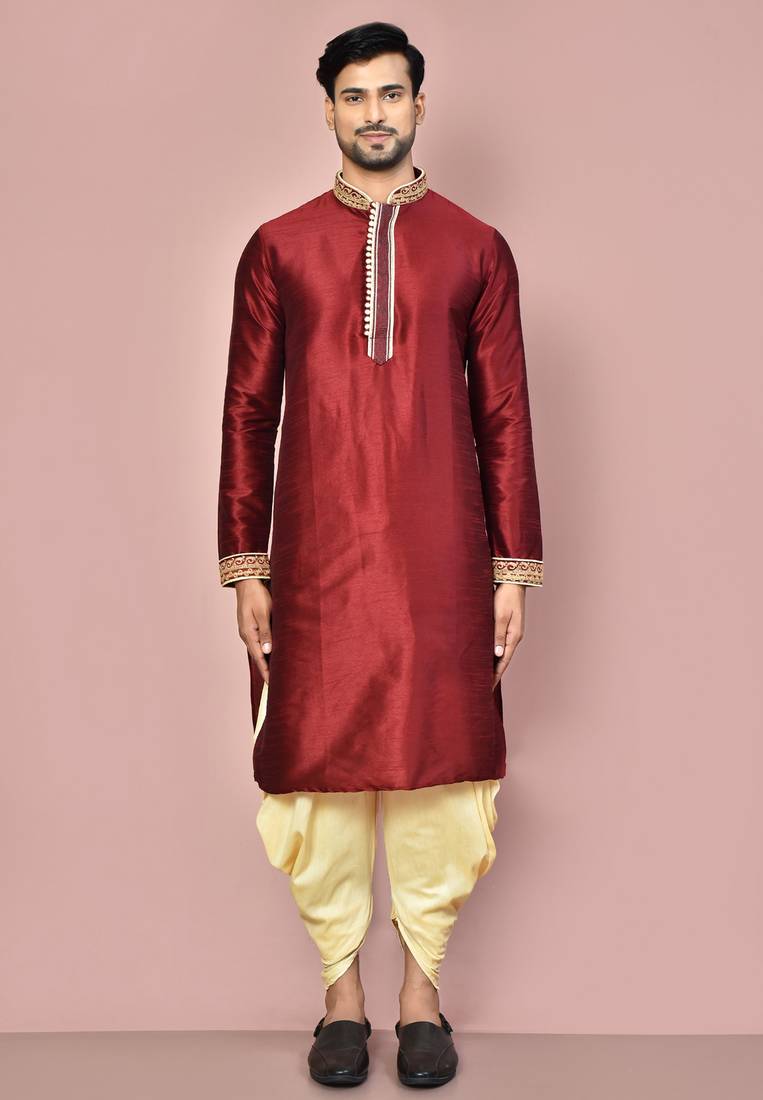 Mahroon dupion art silk kurta with computerised embroidery machine work churidar