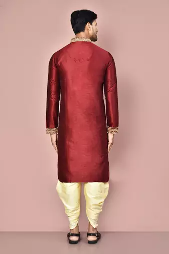 Mahroon dupion art silk kurta with computerised embroidery machine work churidar