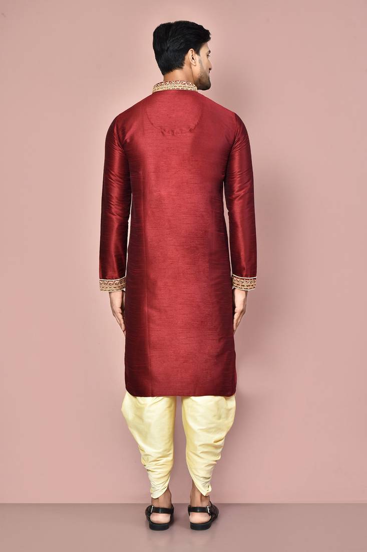 Mahroon dupion art silk kurta with computerised embroidery machine work churidar