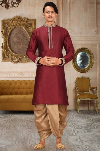 Mahroon dupion art silk kurta with computerised embroidery machine work churidar