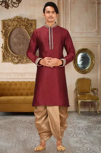 Mahroon dupion art silk kurta with computerised embroidery machine work churidar