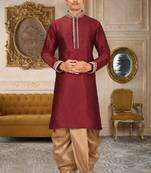 Mahroon dupion art silk kurta with computerised embroidery machine work churidar