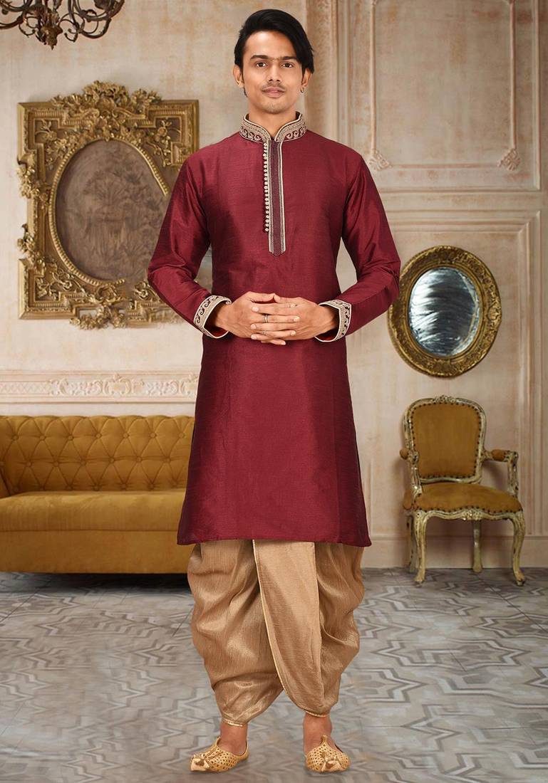 Mahroon dupion art silk kurta with computerised embroidery machine work churidar