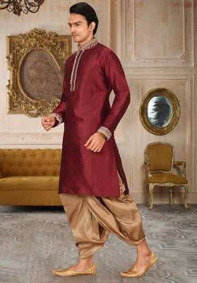 Mahroon dupion art silk kurta with computerised embroidery machine work churidar 2