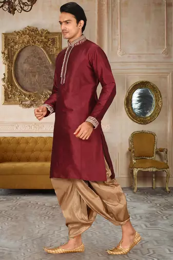 Mahroon dupion art silk kurta with computerised embroidery machine work churidar