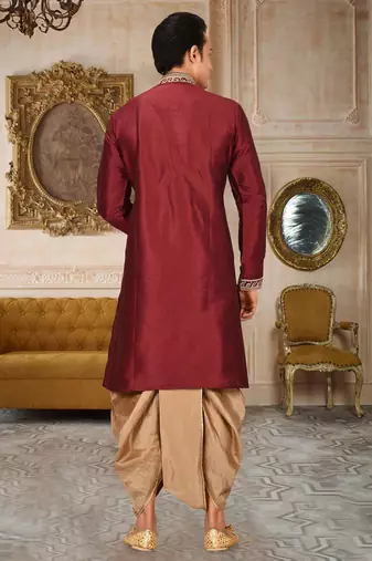 Mahroon dupion art silk kurta with computerised embroidery machine work churidar