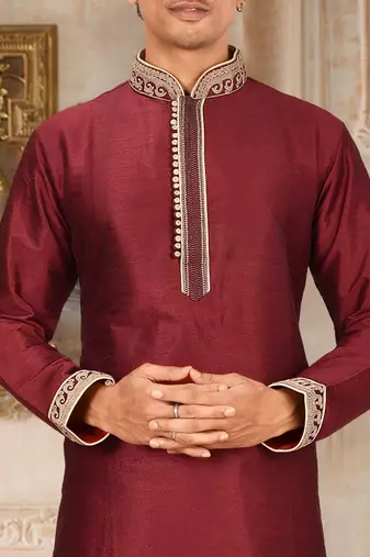 Mahroon dupion art silk kurta with computerised embroidery machine work churidar