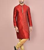 Red dupion art silk kurta with computerised embroidery machine work churidar