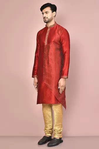 Red dupion art silk kurta with computerised embroidery machine work churidar