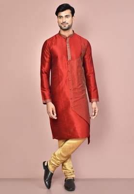 Red dupion art silk kurta with computerised embroidery machine work churidar 3