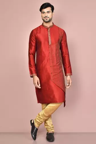 Red dupion art silk kurta with computerised embroidery machine work churidar