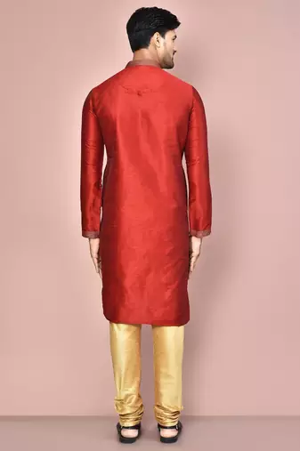 Red dupion art silk kurta with computerised embroidery machine work churidar