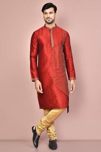 Red dupion art silk kurta with computerised embroidery machine work churidar