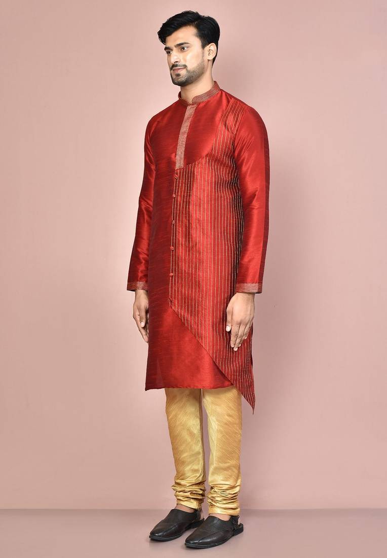 Red dupion art silk kurta with computerised embroidery machine work churidar