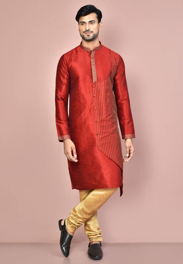 Red dupion art silk kurta with computerised embroidery machine work churidar