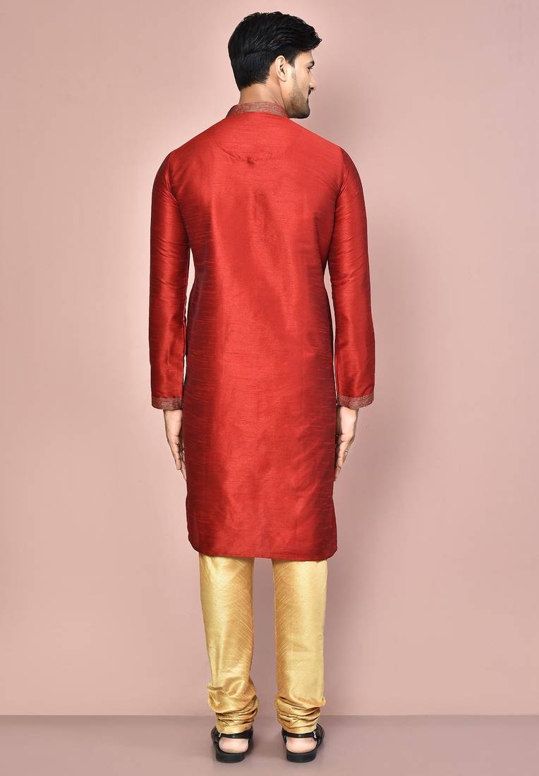 Red dupion art silk kurta with computerised embroidery machine work churidar