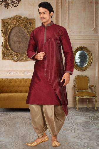 Red dupion art silk kurta with computerised embroidery machine work churidar