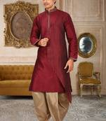 Red dupion art silk kurta with computerised embroidery machine work churidar