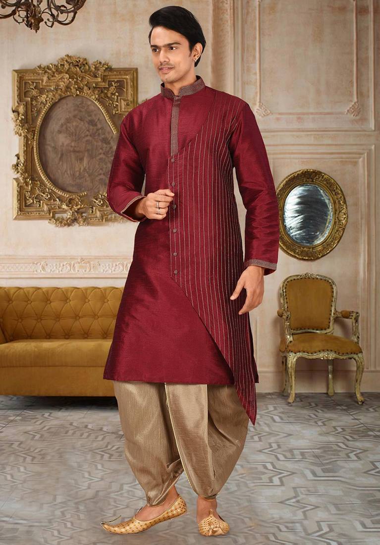 Red dupion art silk kurta with computerised embroidery machine work churidar