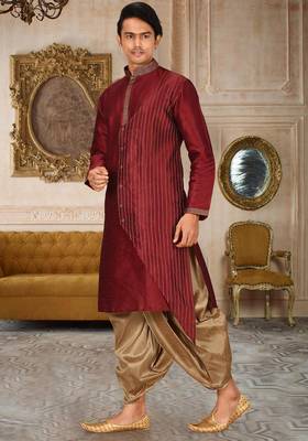 Red dupion art silk kurta with computerised embroidery machine work churidar 2