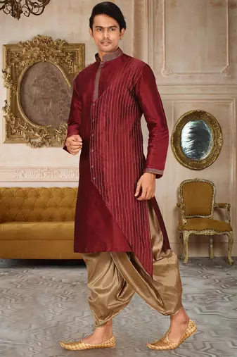 Red dupion art silk kurta with computerised embroidery machine work churidar
