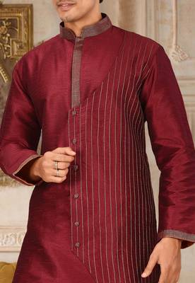 Red dupion art silk kurta with computerised embroidery machine work churidar 3