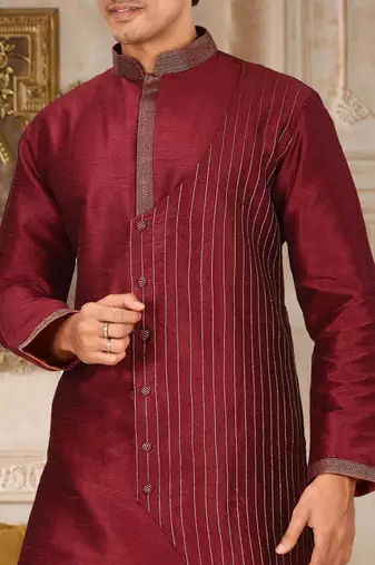 Red dupion art silk kurta with computerised embroidery machine work churidar