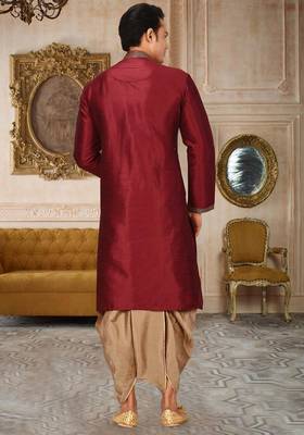 Red dupion art silk kurta with computerised embroidery machine work churidar 4