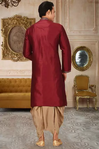 Red dupion art silk kurta with computerised embroidery machine work churidar