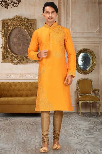 Yellow dupion art silk kurta with computerised embroidery machine work churidar