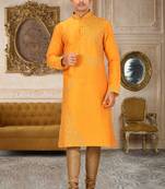 Yellow dupion art silk kurta with computerised embroidery machine work churidar