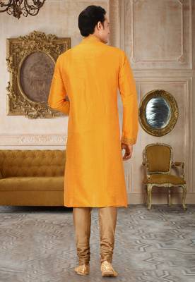 Yellow dupion art silk kurta with computerised embroidery machine work churidar 2