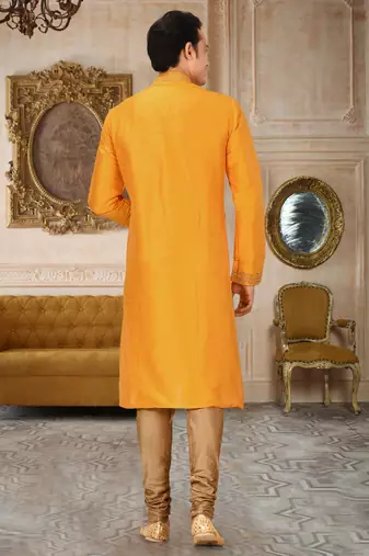 Yellow dupion art silk kurta with computerised embroidery machine work churidar