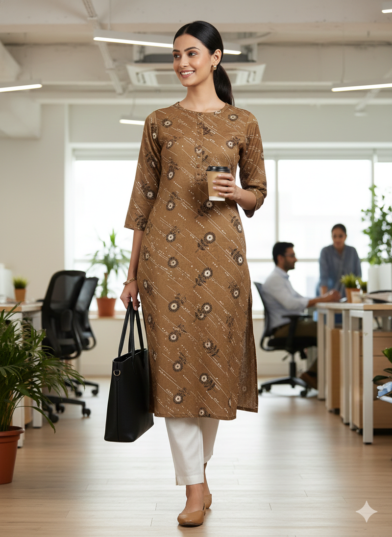 Brown printed cotton kurti